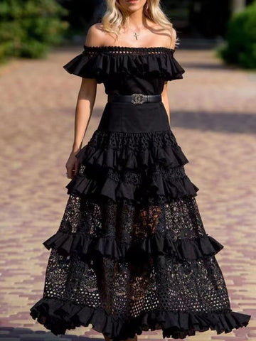 Woochic robe cocktail col bateau dentelle brodée ceinture taille haute noir S